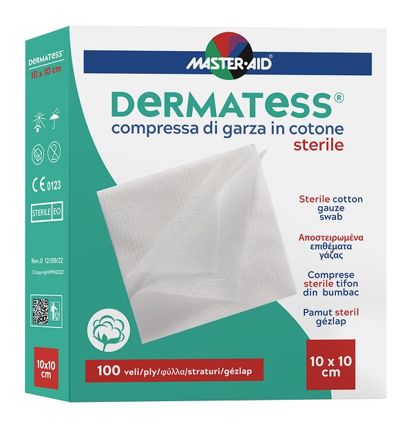 GARZA COMPRESSA MASTER-AID DERMATESS COTONE 10X10CM 100 PEZZI - Farmadillo