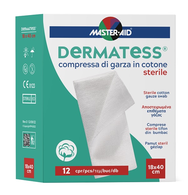 GARZA COMPRESSA MASTER-AID DERMATESS COTONE 18X40CM 12 PEZZI - Farmadillo