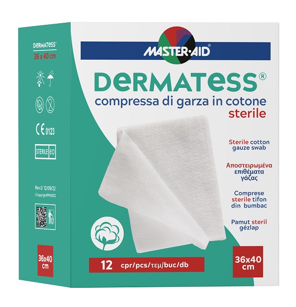 GARZA COMPRESSA MASTER-AID DERMATESS COTONE 36X40CM 12 PEZZI - Farmadillo