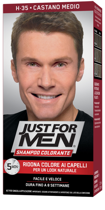 JUST FOR MEN SHAMPOO COLORANTE H35 CASTANO MEDIO ATTIVATORE CHIARO 38,5 ML + BASE COLORE 27,5 ML - Farmadillo