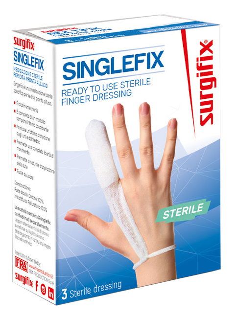 MEDICAZIONE STERILE PER DITO SINGLEFIX, COSTITUITA DA UNA GUAINA IN COTONE E DA UN'IMBOTTITURA INTERNA ASSORBENTE. SI APPLICA DIRETTAMENTE SULLA FERITA E SI FISSA AL POLSO - Farmadillo