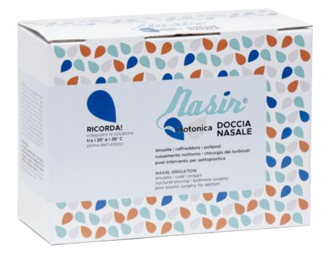 NASIR LAVAGGIO NASALE SOLUZIONE FISIOLOGICA ISOTONICA STERILE SCATOLA CON 4 SACCHE 500ML 4 BLISTER 1 VENTOSA - Farmadillo