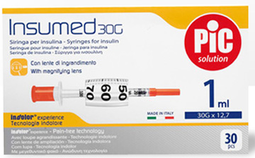 SIRINGA INSULINA PIC INSUMED 1 ML 100 UI AGO GAUGE 30 12,7 MM SENZA SPAZIO MORTO 30 PEZZI - Farmadillo