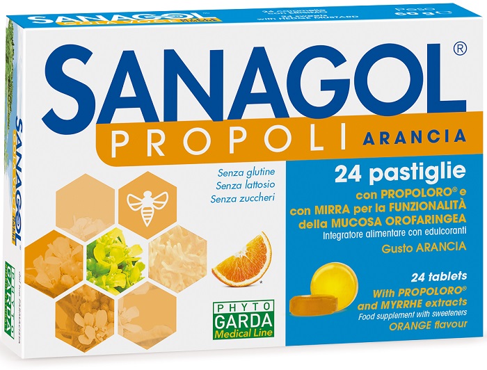 SANAGOL PROPOLI SENZA ZUCCHERO ARANCIA 24 CARAMELLE - Farmadillo