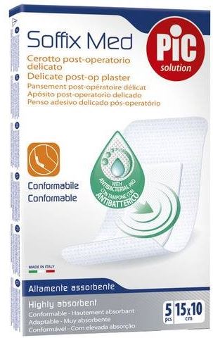 CEROTTO PIC SOFFIX MED IN TNT CON TAMPONE CENTRALE ASSORBENTE STERILE MONOUSO 10X15 CM ANTIBATTERICO 5 PEZZI - Farmadillo