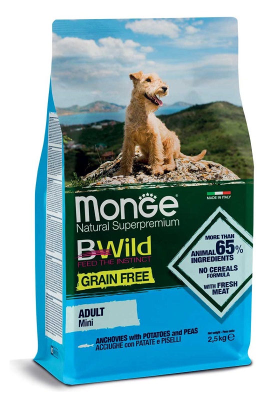 MONGE GRAIN FREE NATURAL SUPERPREMIUM SECCO CANE MINI ACCIUGHE PATATE PISELLI (DAL 15/12) 2,5 KG - Farmadillo