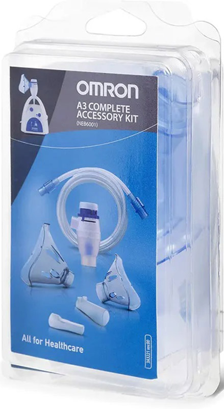 OMRON A3 COMPLETE KIT RICAMBIO AMPOLLA REGOLABILE + TUBO + MASCHERINA PEDIATRICA + MASCHERINA ADULTI + FORCELLE NASALI + BOCCAGLIO - Farmadillo