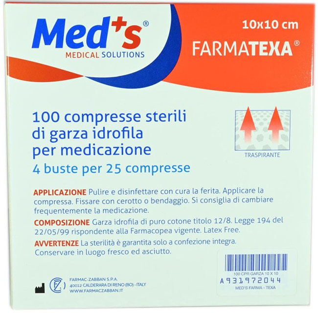 GARZA COMPRESSA IDROFILA MEDS FARMATEXA 2/8 10X10CM 100 PEZZI - Farmadillo