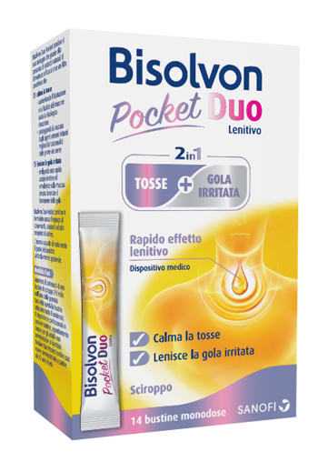 BISOLVON DUO POCKET LENITIVO TOSSE + GOLA IRRITATA A BASE DI MIELE E ALTEA 14 BUSTINE MONODOSE 10 ML - Farmadillo