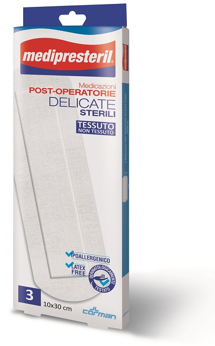 MEDICAZIONE POST OPERATORIA MEDIPRESETERIL DELICATA TNT 10X30CM 3 PEZZI - Farmadillo