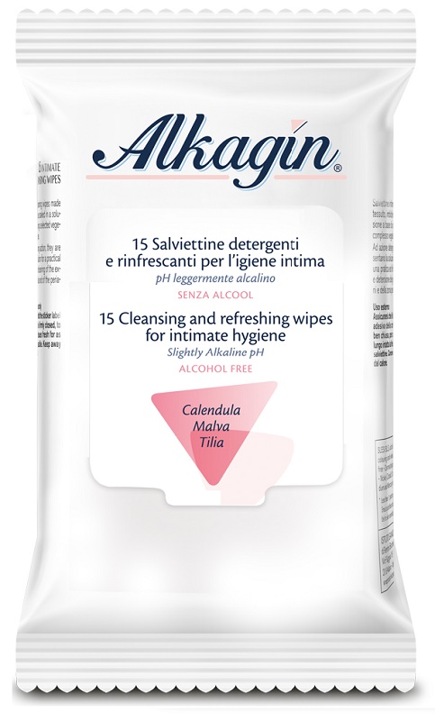 ALKAGIN SALVIETTINE DETERGENTI E RINFRESCANTI PER L'IGIENE INTIMA PH LEGGERMENTE ALCALINO SENZA ALCOOL 15 PEZZI CALENDULA MALVA E TILIA - Farmadillo