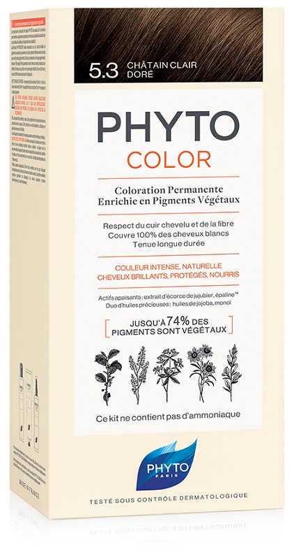 PHYTOCOLOR 5,3 CASTANO CHIARO DORATO LATTE + CREMA + MASCHERA + PAIO DI GUANTI - Farmadillo