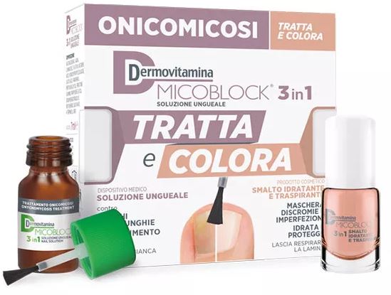 DERMOVITAMINA MICOBLOCK 3 IN 1 TRATTA E COLORA SOLUZIONE UNGUEALE 7 ML + SMALTO IDRATANTE TRASPIRANTE 5 ML - Farmadillo
