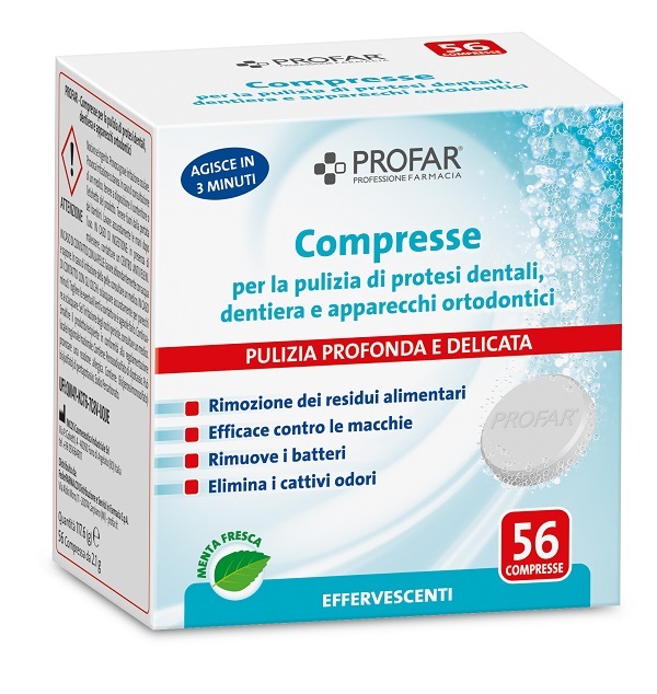 PROFAR COMPRESSE PULIZIA PROTESI DENTALI-DENTIERA-APPARECCHI ORTODONTICI 56 PEZZI - Farmadillo