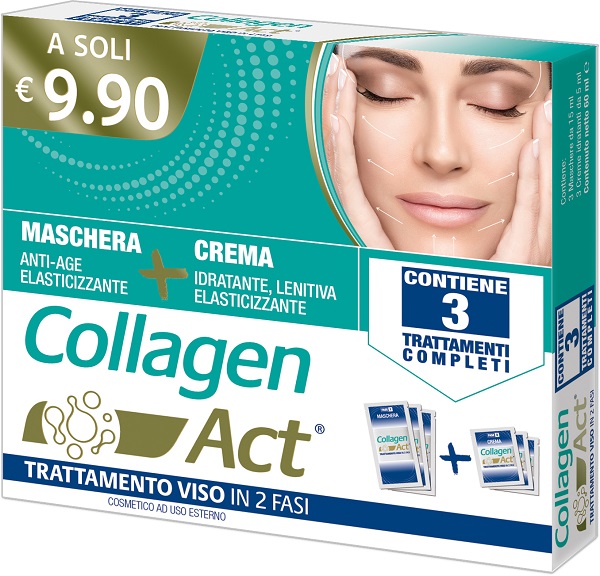 COLLAGEN ACT TRATTAMENTO VISO 2 FASI MASCHERA ANTI AGE ELASTICIZZANTE 3 PEZZI DA 15 ML + CREMA IDRATANTE LENITIVA ELASTICIZZANTE 3 PEZZI DA 5 ML - Farmadillo