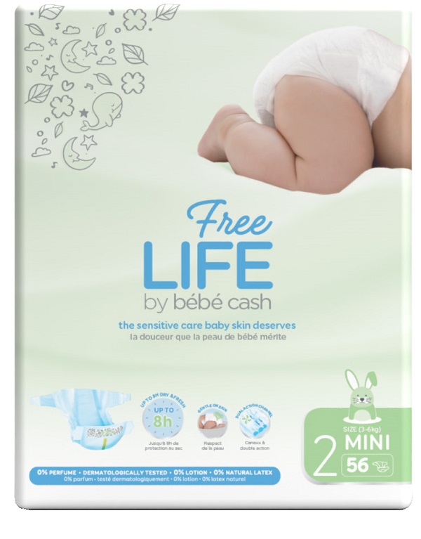 FREELIFE BY BEBECASH PANNOLINI MINI TAGLIA 2 3-6 KG GIROVITA 30-48 CM 56 PEZZI - Farmadillo