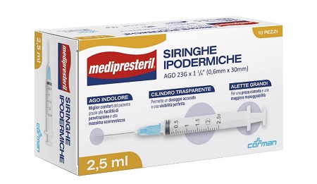 SIRINGA IPODERMICA MEDIPRESTERIL AGO 23 GAUGE 1 1/4 0,6X30MM 2,5 ML 10 PEZZI - Farmadillo