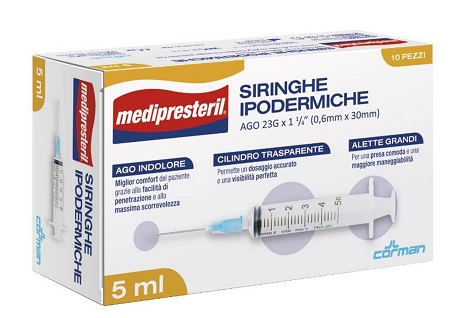 SIRINGA IPODERMICA MEDIPRESTERIL AGO 23 GAUGE 1 1/4 0,5X30MM 5 ML 10 PEZZI - Farmadillo