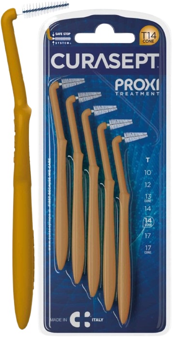 SCOVOLINO CURASEPT PROXI ANGLE MISURA T14 CONICO ISO 4 COLORE OCRA DIAMETRO 1,4 MM 5 PEZZI - Farmadillo