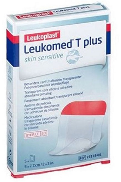 LEUKOMED T PLUS SKIN SENSITIVE MEDICAZIONE POST-OPERATORIA TRASPARENTE IMPERMEABILE CON MASSA ADESIVA AL SILICONE 5X7,2CM 5 PEZZI - Farmadillo