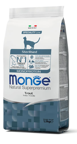 MONGE CAT STERILIZED MONOPROTEIN TROTA 1,5 KG - Farmadillo