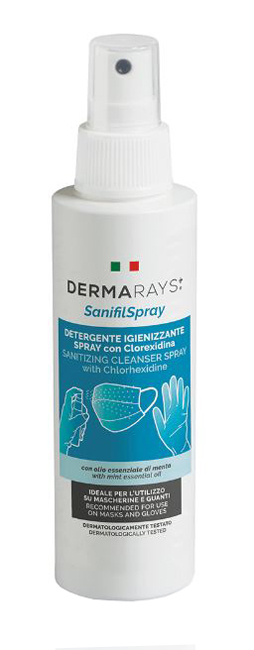 DERMARAYS SANIFIL SPRAY DETERGENTE IGIENIZZANTE SPRAY CON CLOREXIDINA PER MASCHERINE E GUANTI 100 ML - Farmadillo