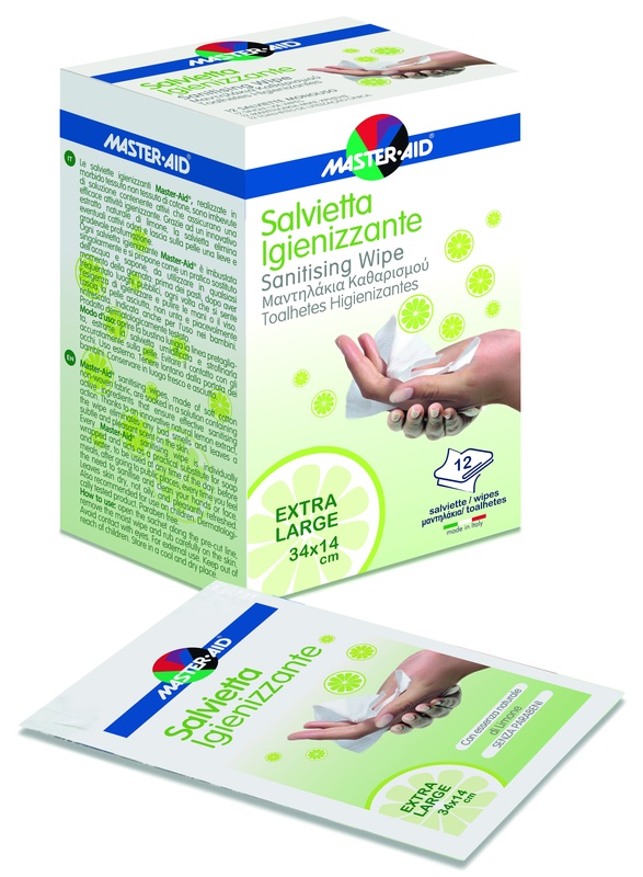 MASTER-AID SAVIETTA IMPREGNATA DI SOLUZIONE IGIENIZZANTE XL 12 PEZZI - Farmadillo