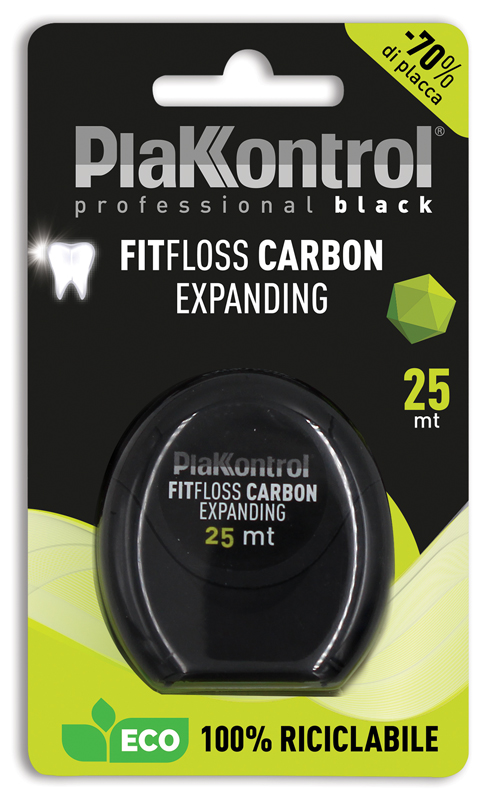 PLAKKONTROL PROFESSIONAL BLACK FITFLOSS CARBON EXPANDING FILO INTERDENTALE 25 METRI FRESH MINT - Farmadillo