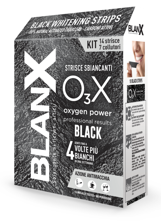 BLANX O3X BLACK STRISCE SBIANCANTI E ANTIMACCHIA 14 PEZZI - Farmadillo