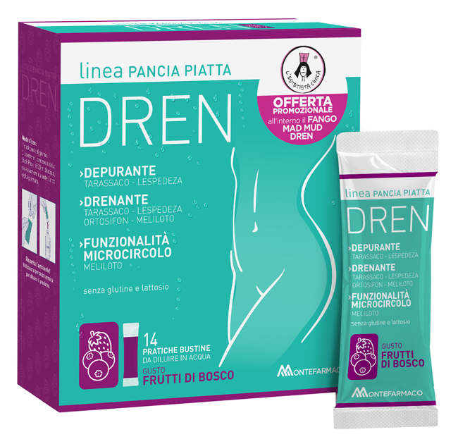 PANCIA PIATTA DREN FRUTTI DI BOSCO 14 BUSTINE STICK PACK + FANGO ATTIVO CELLULITE 100 ML OMAGGIO - Farmadillo
