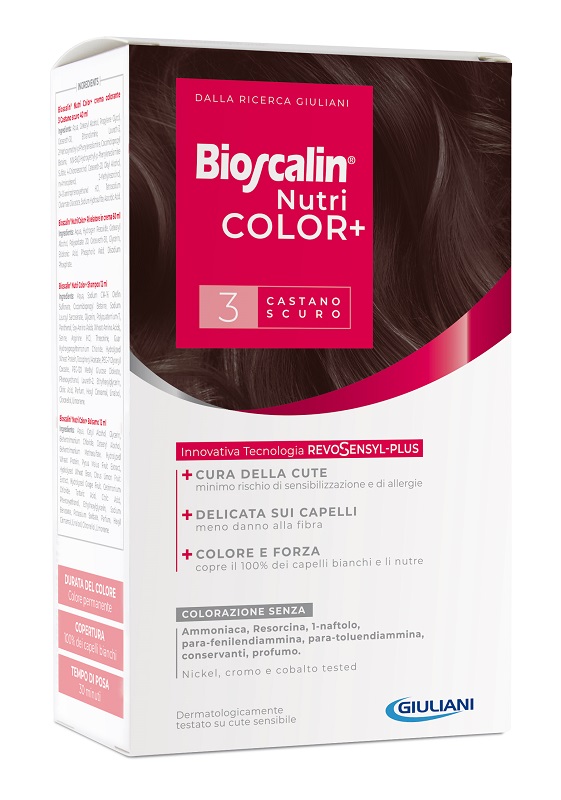 BIOSCALIN NUTRICOLOR PLUS 3 CASTANO SCURO CREMA COLORANTE 40 ML + RIVELATORE CREMA 60 ML + SHAMPOO 12 ML + TRATTAMENTO FINALE BALSAMO 12 ML - Farmadillo