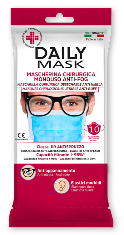 MASCHERINA CHIRURGICA MONOUSO ANTI-FOG DAILY MASK TIPO IIR TRE TNT STRATI ANTISPRUZZO 10 PEZZI - Farmadillo