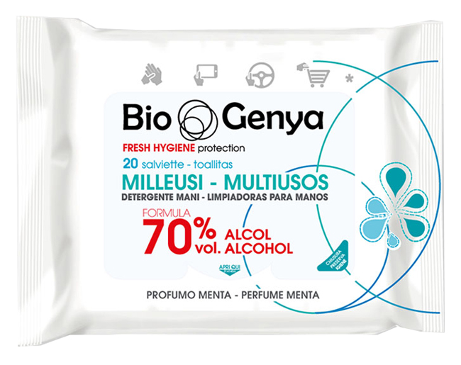 BIOGENYA MILLEUSI IGIENIZZANTI 70% ALCOOL SALVIETTE 20 PEZZI - Farmadillo