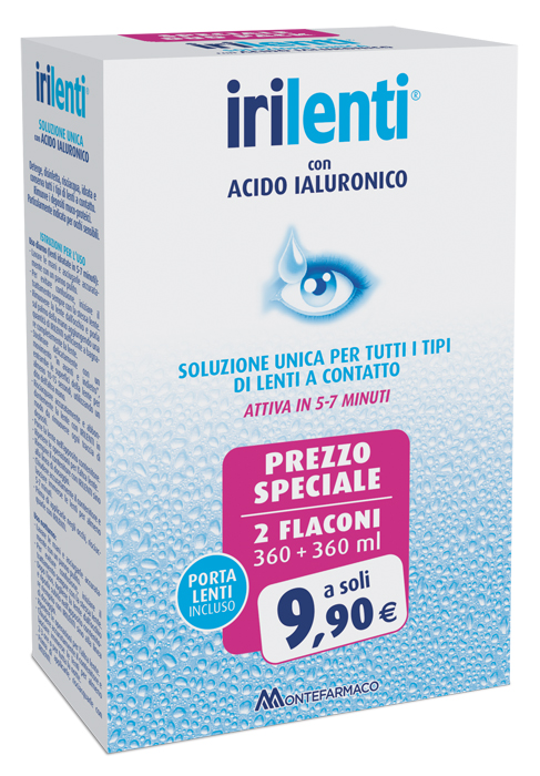 SOLUZIONE UNICA PER LENTI A CONTATTO IRILENTI CON ACIDO IALURONICO 2 FLACONI DA 360 ML + 360 ML - Farmadillo