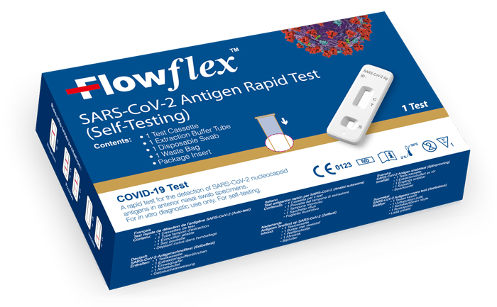 TEST ANTIGENICO RAPIDO COVID-19 FLOWFLEX AUTODIAGNOSTICO DETERMINAZIONE QUALITATIVA ANTIGENI SARS-COV-2 IN TAMPONI NASALI MEDIANTE IMMUNOCROMATOGRAFIA PROVETTA CON ALLUMINIO - Farmadillo