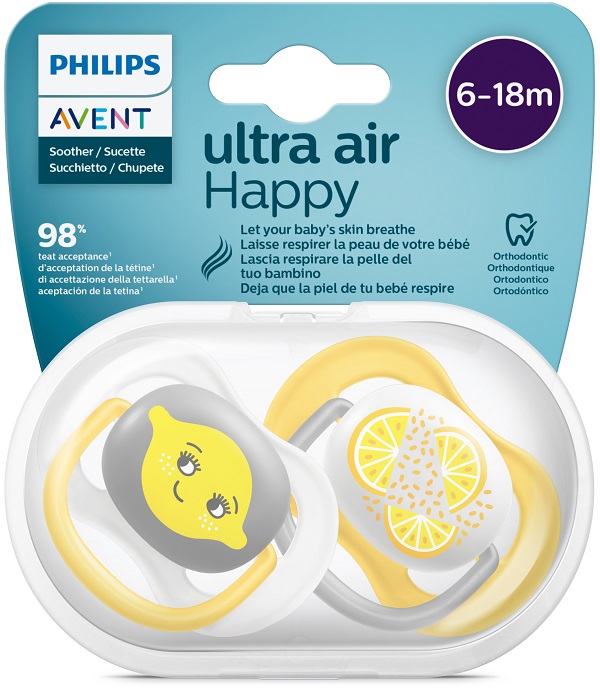 AVENT ULTRA AIR CIUCCIO ORTODONTICO 6-18 MESI NEUTRO/LIMONI 2 PEZZI - Farmadillo