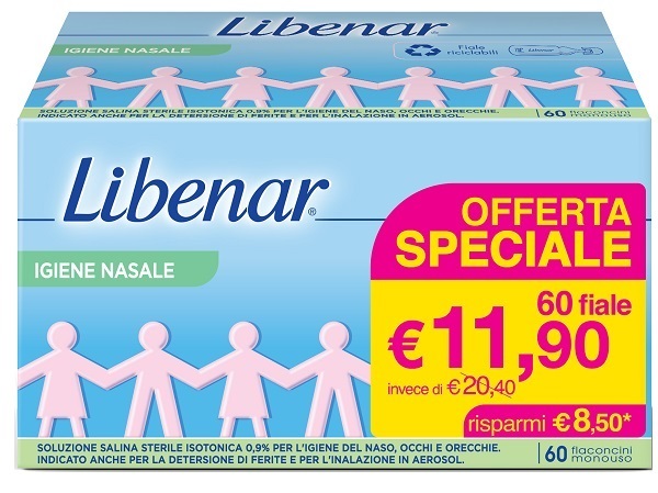 SOLUZIONE SALINA ISOTONICA 0,9% LIBENAR PER IGIENE NASALE 60 FLACONCINI MONOUSO X 5 ML - Farmadillo